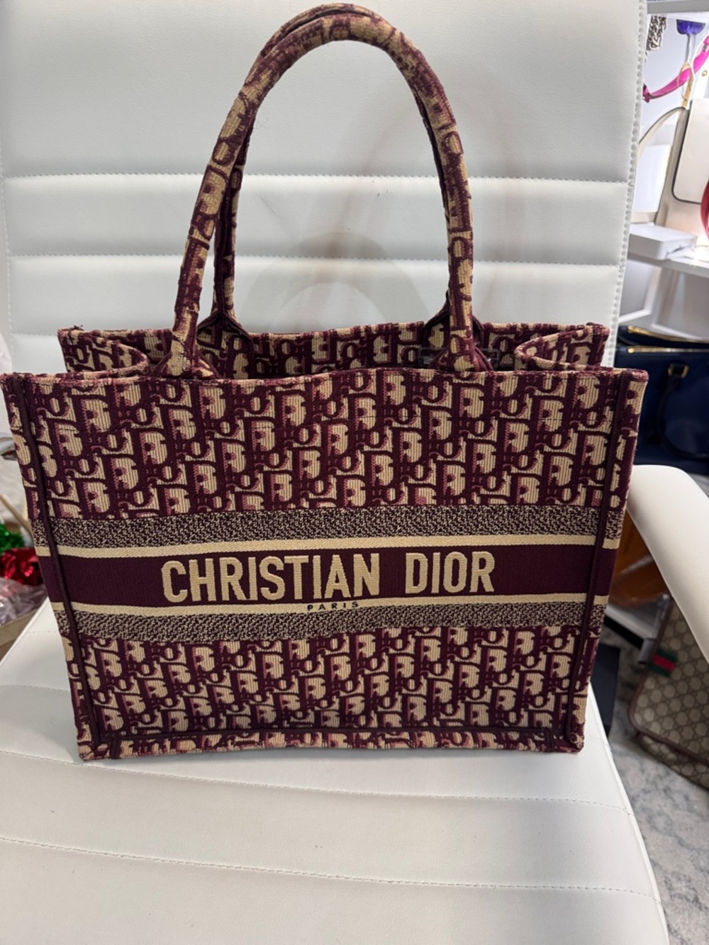 Dior Burgundy and Beige Canvas Tote with CHRISTIAN DIOR Logo